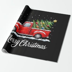 Papier Cadeau Joyeux Noël Vintage Camion Rouge avec Arbre