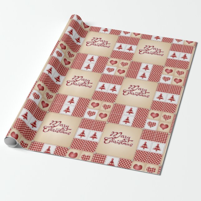 Papier Cadeau Joyeux Noël Vintage Country Quilt Motif (Déroulé)