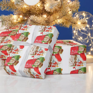 Papier Cadeau Joyeux Noël Vintage Kitten dans la boîte aux lettr