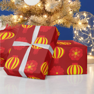 Papier Cadeau Joyeux Nouvel An Chinois Lanterne Jaune fleurie Ro