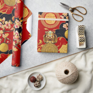 Papier Cadeau Joyeux Nouvel An chinois motif asiatique moderne