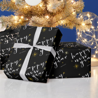 Papier Cadeau Joyeux Nouvel An Script moderne Chic Gold Starburs