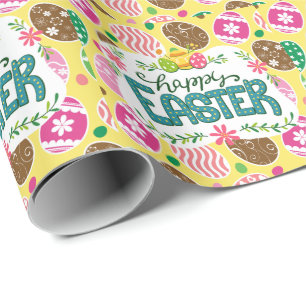 Papier Cadeau Joyeux OEufs de Pâques colorés Motif Jaune de P