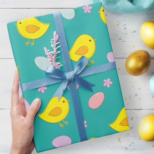 Papier Cadeau Joyeux Oeufs de Pâques Poussins Motif de printemps