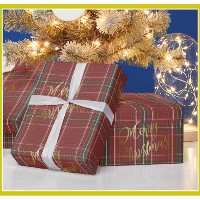 Papier Cadeau Joyeux or Noël Rouge Vert Plaid (Créateur téléchargé)