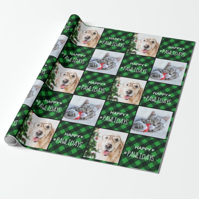 Papier Cadeau Joyeux Pawlidays Green Buffalo Plaid Chien Pet Ani (Déroulé)