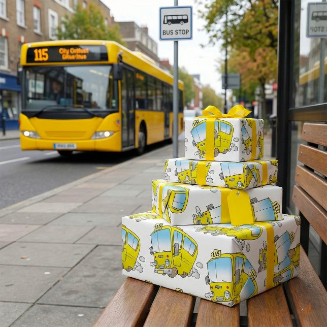 Papier Cadeau Joyeux Petit Bus Scolaire Jaune (Créateur téléchargé)