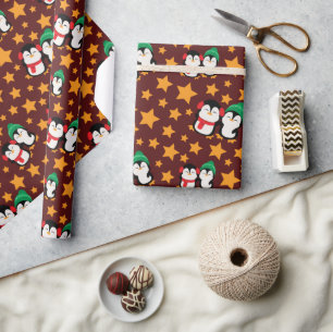 Papier Cadeau Joyeux pingouins et étoiles Bourgogne sans couture