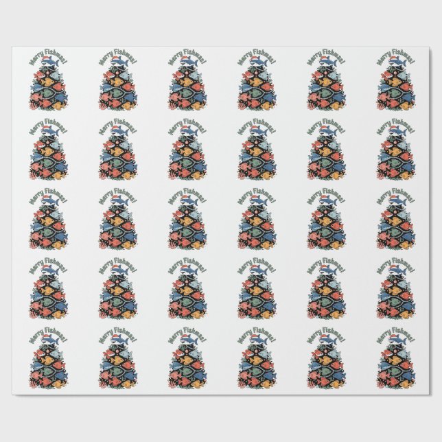 Papier Cadeau Joyeux Poisson Noël Arbre Poisson Drôle Pêche (Plat)