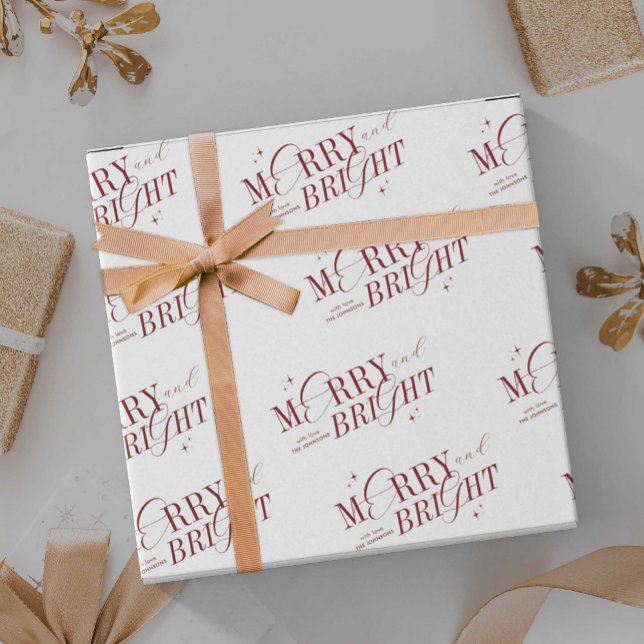 Papier Cadeau Joyeux & Rouge brillant Script élégant Noël modern (Elegant white and red Merry & Bright Christmas Gift Wrapping paper with space for your name)