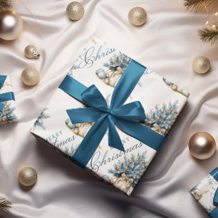Papier Cadeau Joyeux sapin de Noël Gold Blue Calligraphie