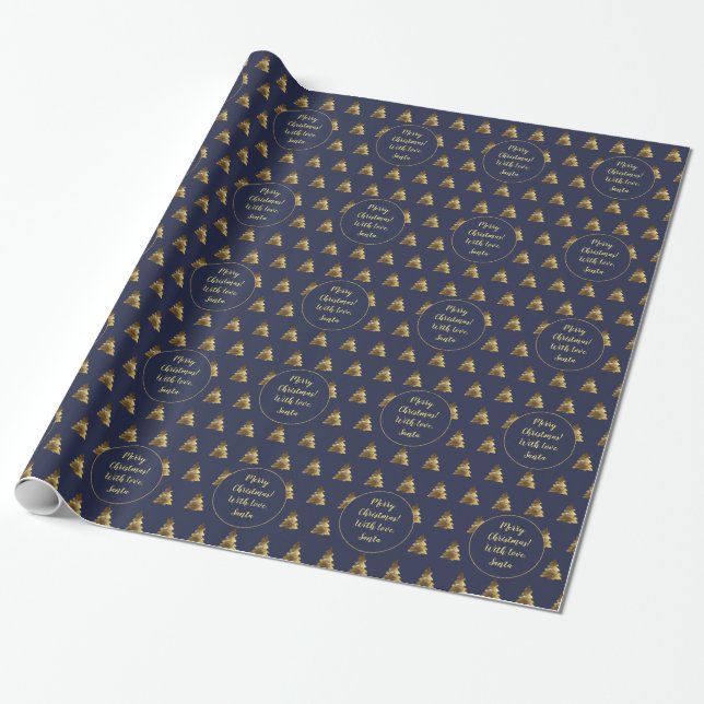 Papier Cadeau Joyeux sapin de Noël Motif élégant bleu foncé (Déroulé)