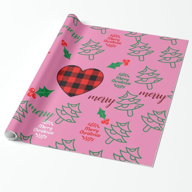 Papier Cadeau Joyeux sapin rose (Déroulé)
