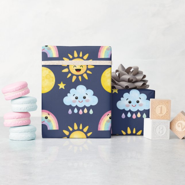 Papier Cadeau Joyeux soleil, lune, nuage et arc-en-ciel (Baby Shower)