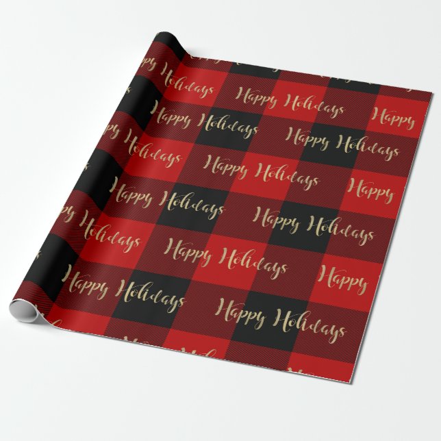 Papier Cadeau Joyeux Vacances Gold Script Red Buffalo Plaid (Déroulé)