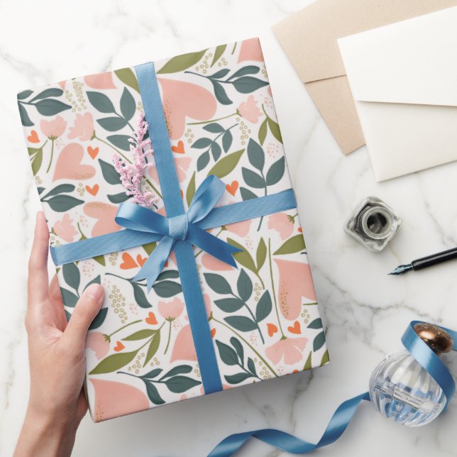 Papier Cadeau Joyeux Valentines Day Coral Hearts Botanique Flora (Cadeaux)