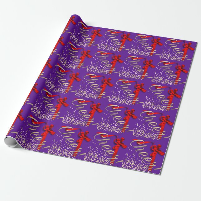 Papier Cadeau Joyeux violet à la corbeille rouge Noël (Déroulé)