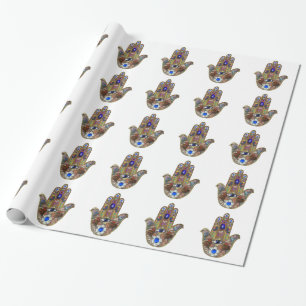 Papier Cadeau Judaica Hamsa Coeurs Fleurs Opal Art Imprimer