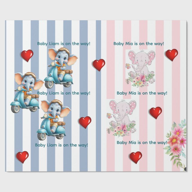 Papier Cadeau Jumeaux Rayure Bleue Rose Éléphant (Plat)