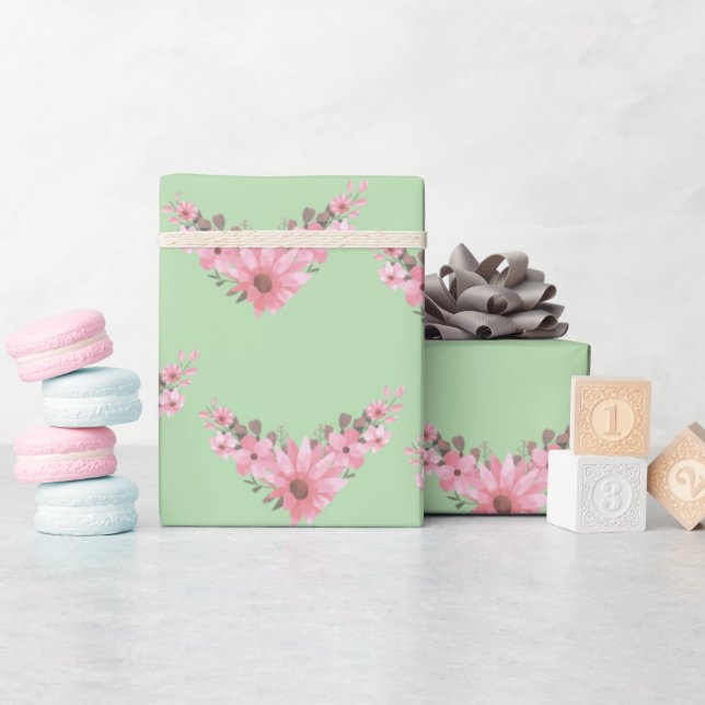 Papier Cadeau Jumeaux roses et verts en fleurs (Baby Shower)