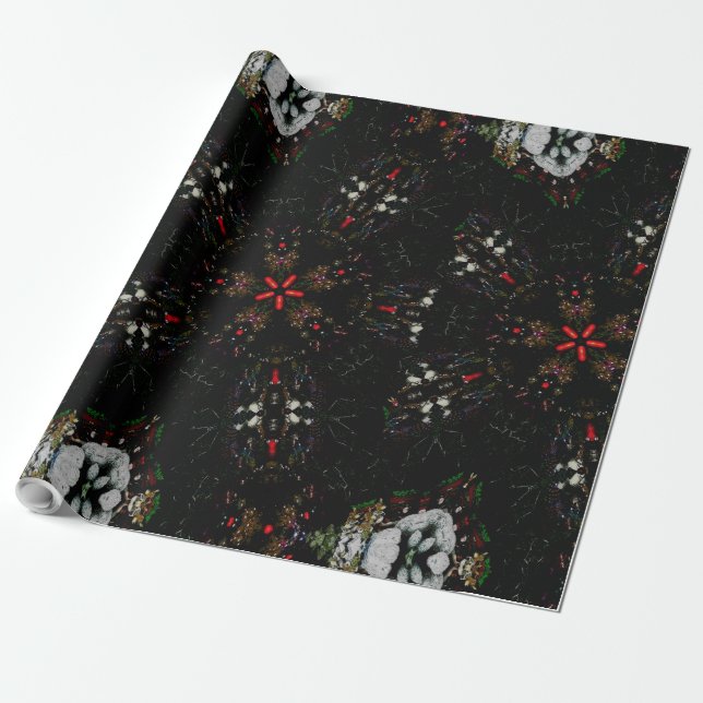 Papier Cadeau Kaleidoscope Design Flore rouge noir (Déroulé)