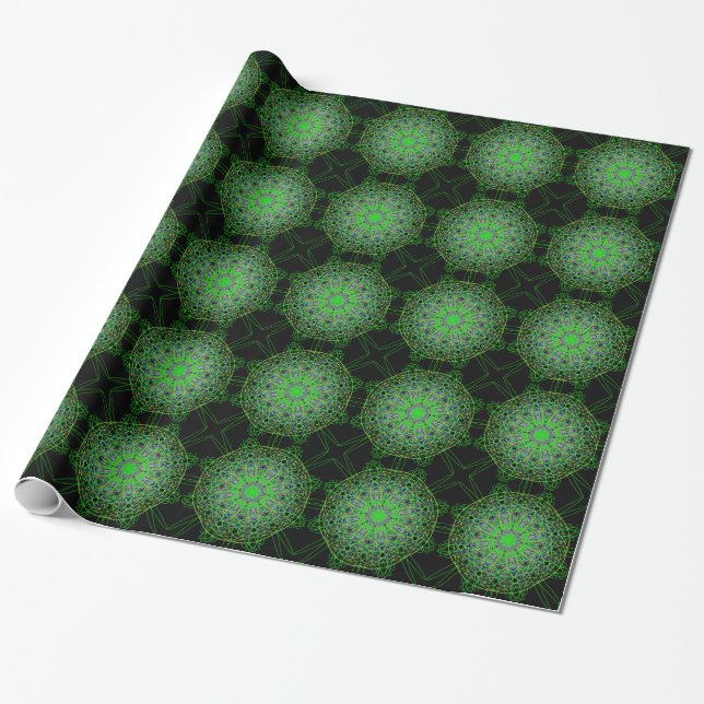 Papier Cadeau Kaleidoscope noir vert Mandala Art (Déroulé)
