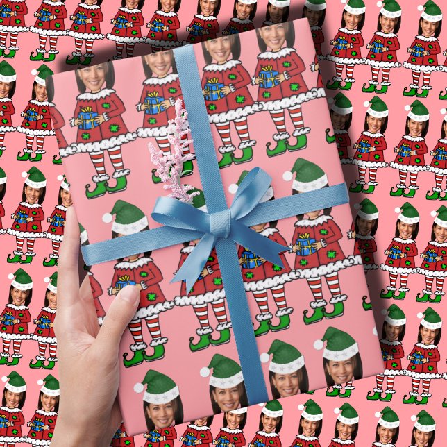 Papier Cadeau Kamala Custom Face photo Elf Christmas Funny Pink (Créateur téléchargé)