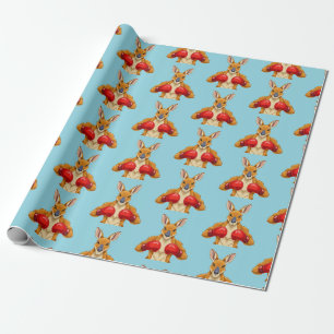 Papier Cadeau Kangourou animé avec des gants de boxe rouges 