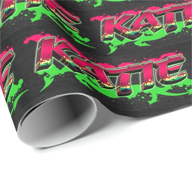 Papier Cadeau Katie Prénom Graffiti red green (Coin rond)