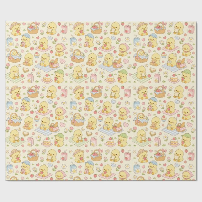 Papier Cadeau Kawaii Chicken Picnic Pattern Wrapping Paper (Plat)
