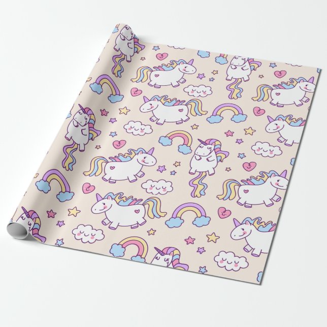 Papier Cadeau Kawaii chubby volant licorne arc-en-ciel motif (Déroulé)