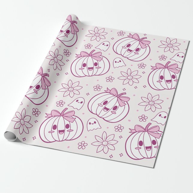 Papier Cadeau Kawaii Citrouilles, Fantômes & Fleurs (Déroulé)