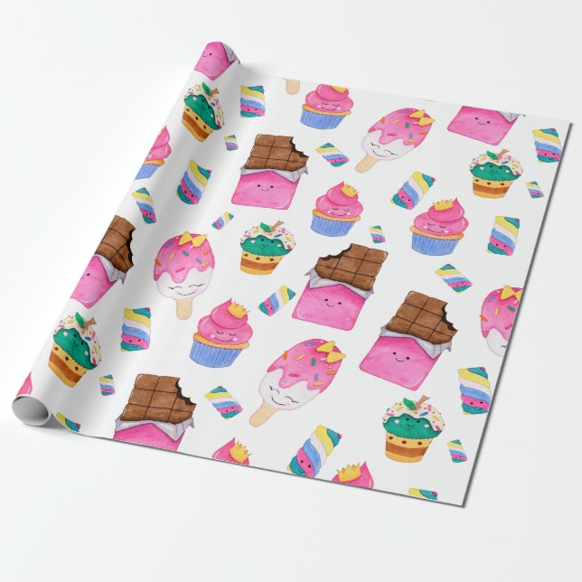 Papier Cadeau Kawaii Cute Aquarelle Pastel Candy Sweets Kids (Déroulé)