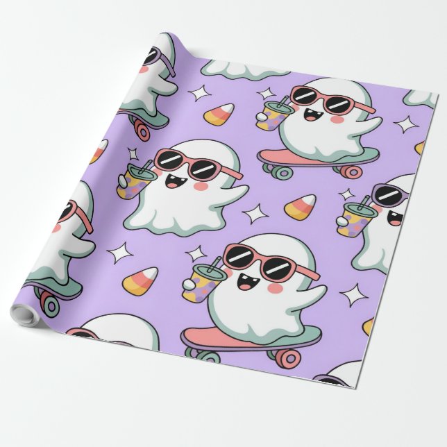 Papier Cadeau Kawaii Ghost Bubble Tea Motif -Cute Pastel Ghost (Déroulé)