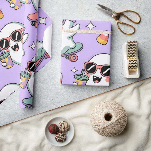 Papier Cadeau Kawaii Ghost Bubble Tea Motif -Cute Pastel Ghost (Artisanat)