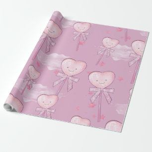 Papier Cadeau Kawaii Heart Lollipop Motif - Pastel Purple
