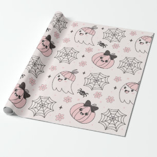 Papier Cadeau Kawaii Motif d'Halloween rose avec Ghost, Citrouil