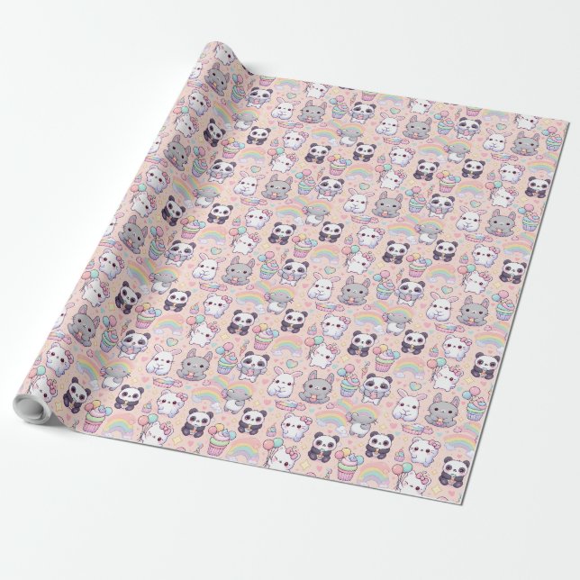 Papier Cadeau Kawaii Pastel Chats et lapins Fond d'écran (Déroulé)