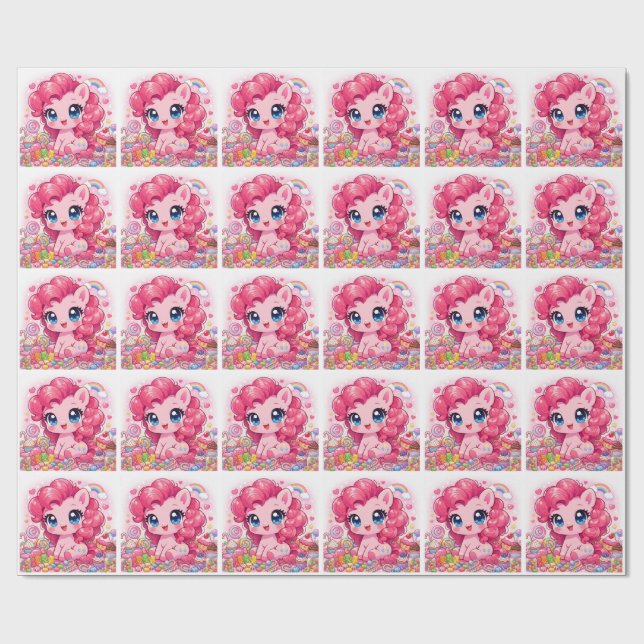 Papier Cadeau Kawaii Pink Pony Chibi Art Wrapping Paper (Plat)
