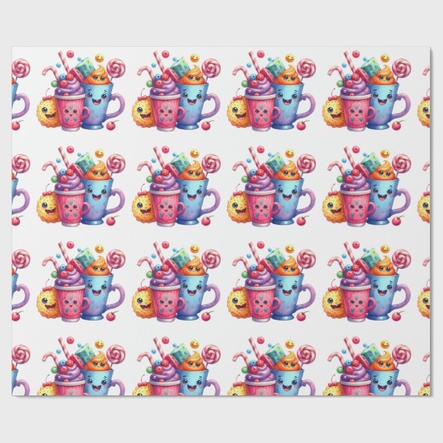 Papier cadeau Kawaii Sweets & Coffee Cups Mignon (Plat)