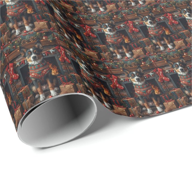 Papier Cadeau Kelpie australien avec cheminée de cadeaux de Noël (Coin rond)