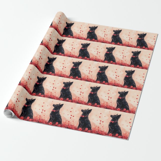 Papier Cadeau Kelpie australien avec des roses - Saint-Valentin (Déroulé)