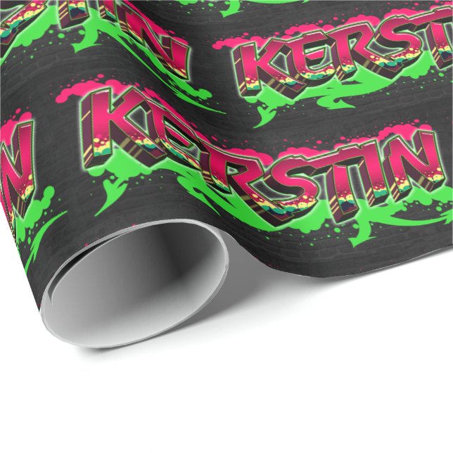 Papier Cadeau Kerstin prénom nom Graffiti rouge vert (Coin rond)
