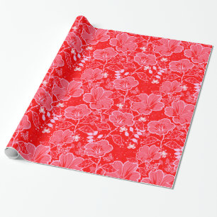 Papier Cadeau Ketmie et papillons tropicaux rouges et roses