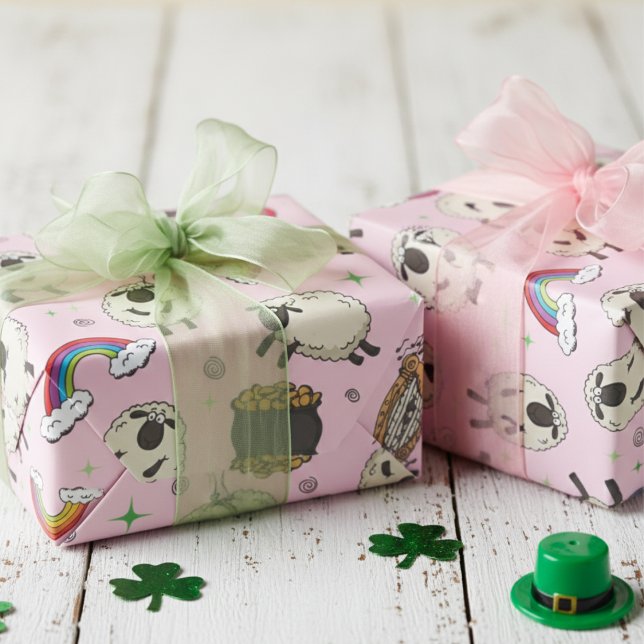 Papier Cadeau Kids Pink St. Patrick’s Day Sheep & Shamrocks (Girly Pink and Green Kids St Patrick's Day Wrapping Paper for Her. Cute Sheep, Rainbow & Shamrocks)