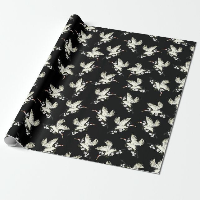 Papier Cadeau Kimono de grue japonaise art traditionnel noir bla (Déroulé)