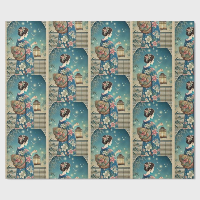 Papier Cadeau kimono d'été et lucioles (Plat)
