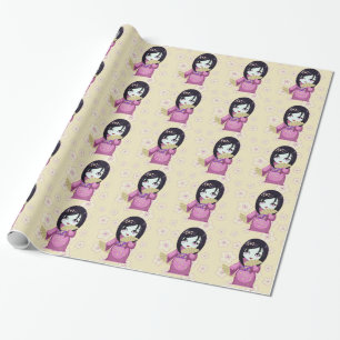 Papier Cadeau Kimono mignon de rose de geisha avec les fans