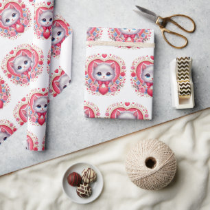 Papier Cadeau Kitten avec Bow rouge avec Coeurs floraux romantiq