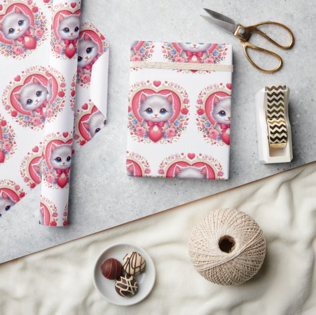 Papier Cadeau Kitten avec Bow rouge avec Coeurs floraux romantiq (Artisanat)